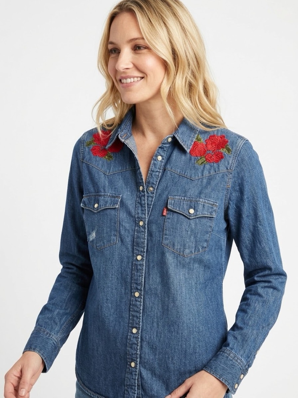 Levi's Embroidered Floral Western Denim Pearl Snap Shirt Medium